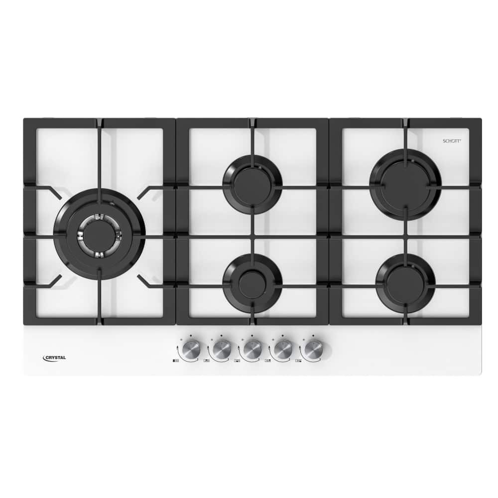 כיריים גז – 5 מבערים Crystal קריסטל MGH90GW זכוכית לבנה